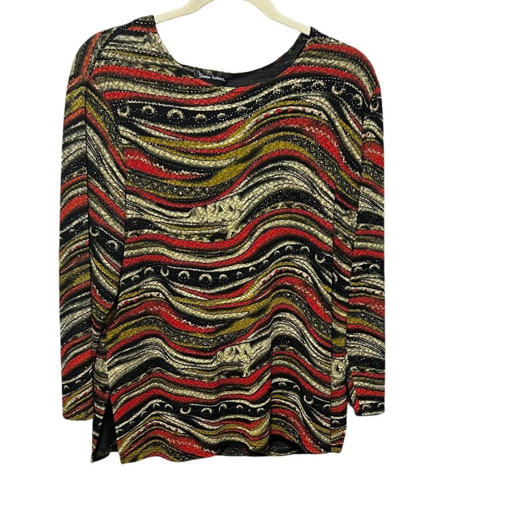 Sharon Anthony Top 2X Muted Tone Abstract Stretch Metallic Wave Artsy Boho Chic